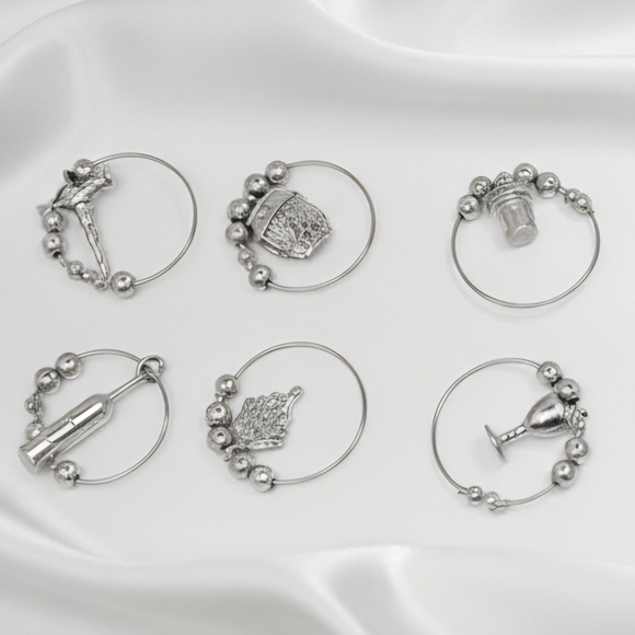 12 Wine Glass Charms Silver Tone Themed Grape Leaf Cheese Bread Basket Cork Bead - Picture 4 of 9